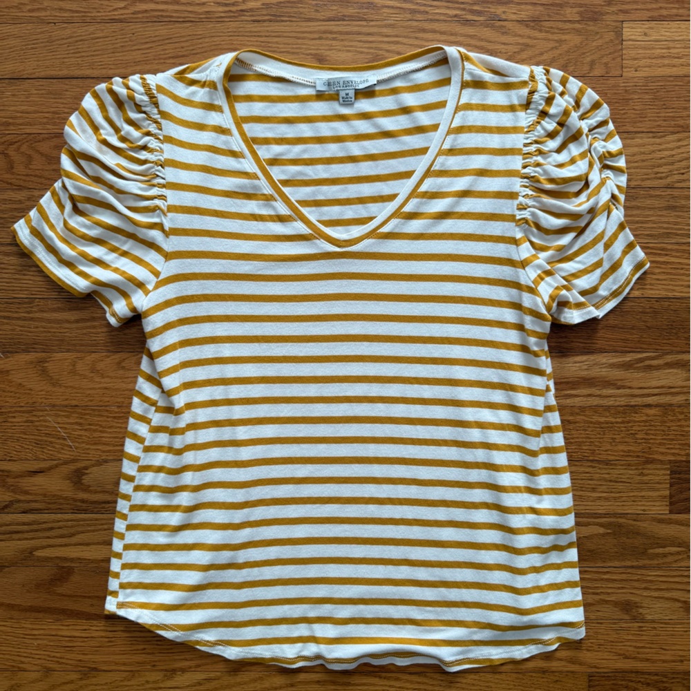 Green Envelope Yellow and White Striped Short Sleeve Top